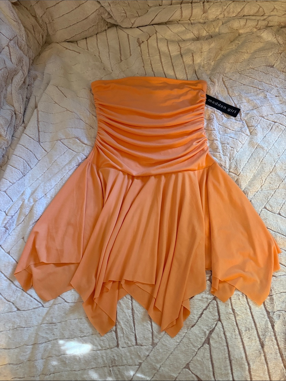 Madden Girl Strapless Orange Handkerchief-Hem Party Dress